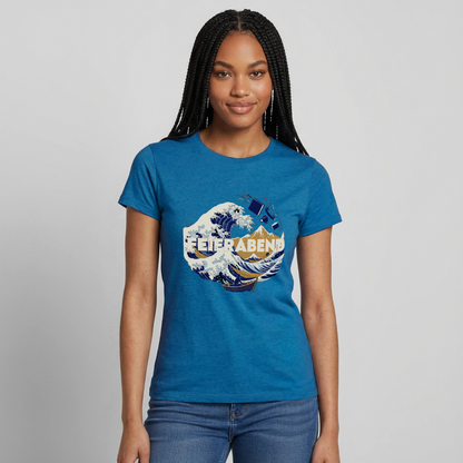 "Feierabend. Ukiyo-e-Motiv" Motiv-T-Shirt für Frauen, Farbe Antikblaues Saphir meliert