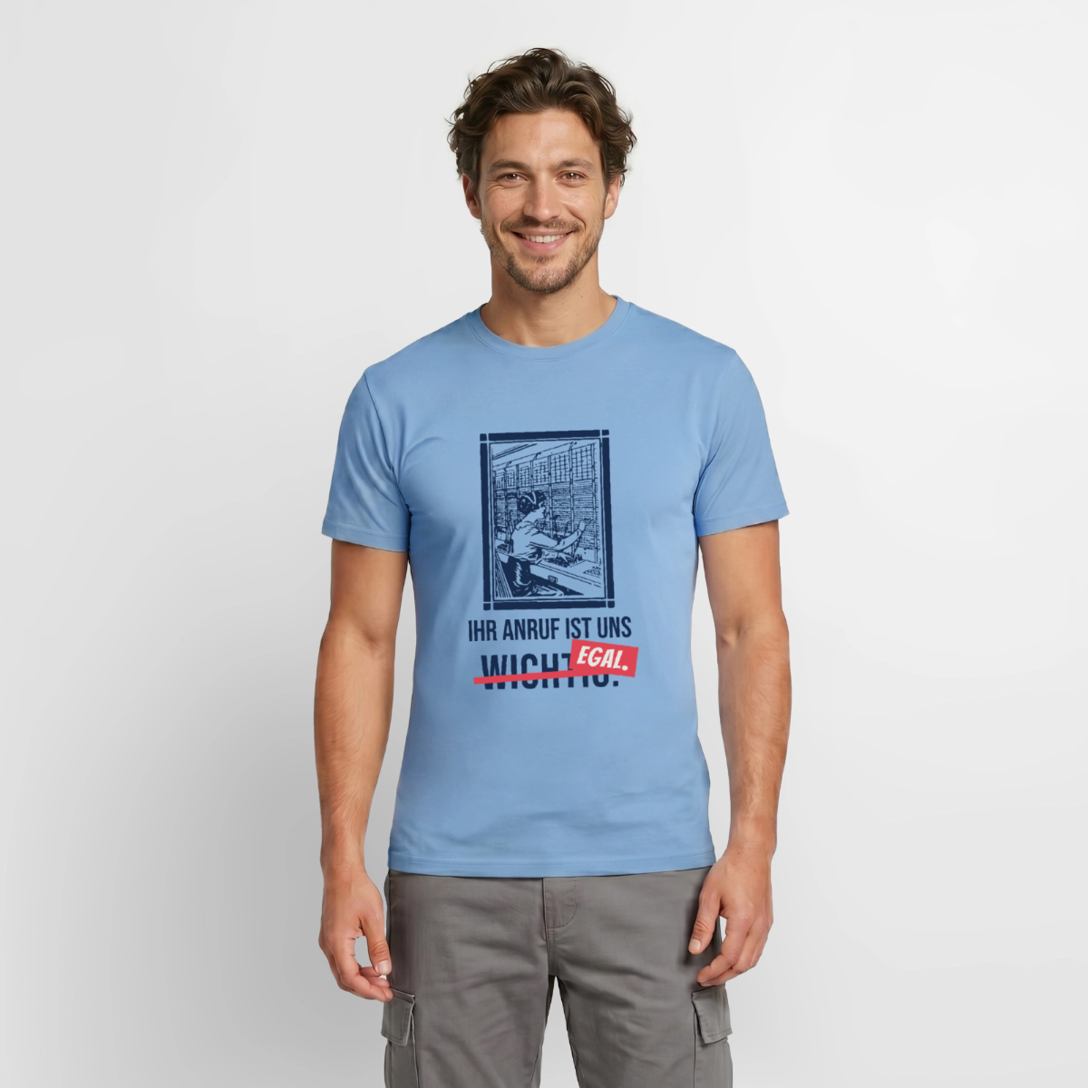 Ihr Anruf ist uns egal. Motiv-T-Shirt für Männer, Farbe Carolina Blue, Model