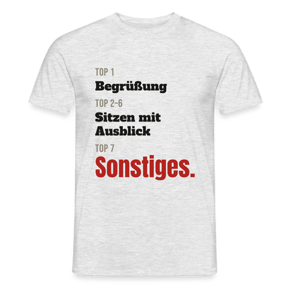 Top 1 Begrüßung, Top 2 bis 6 Sitzen mit Ausblick, Top 7 Sonstiges Motiv-T-Shirt für Männer, Farbe Grau meliert