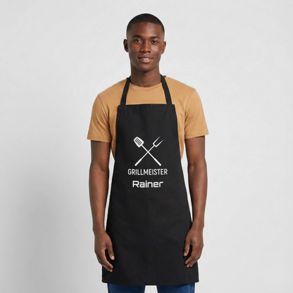 Koch- oder Grillschürze "Grillmeister" - personalisierbarer Name oder Text - Schwarz