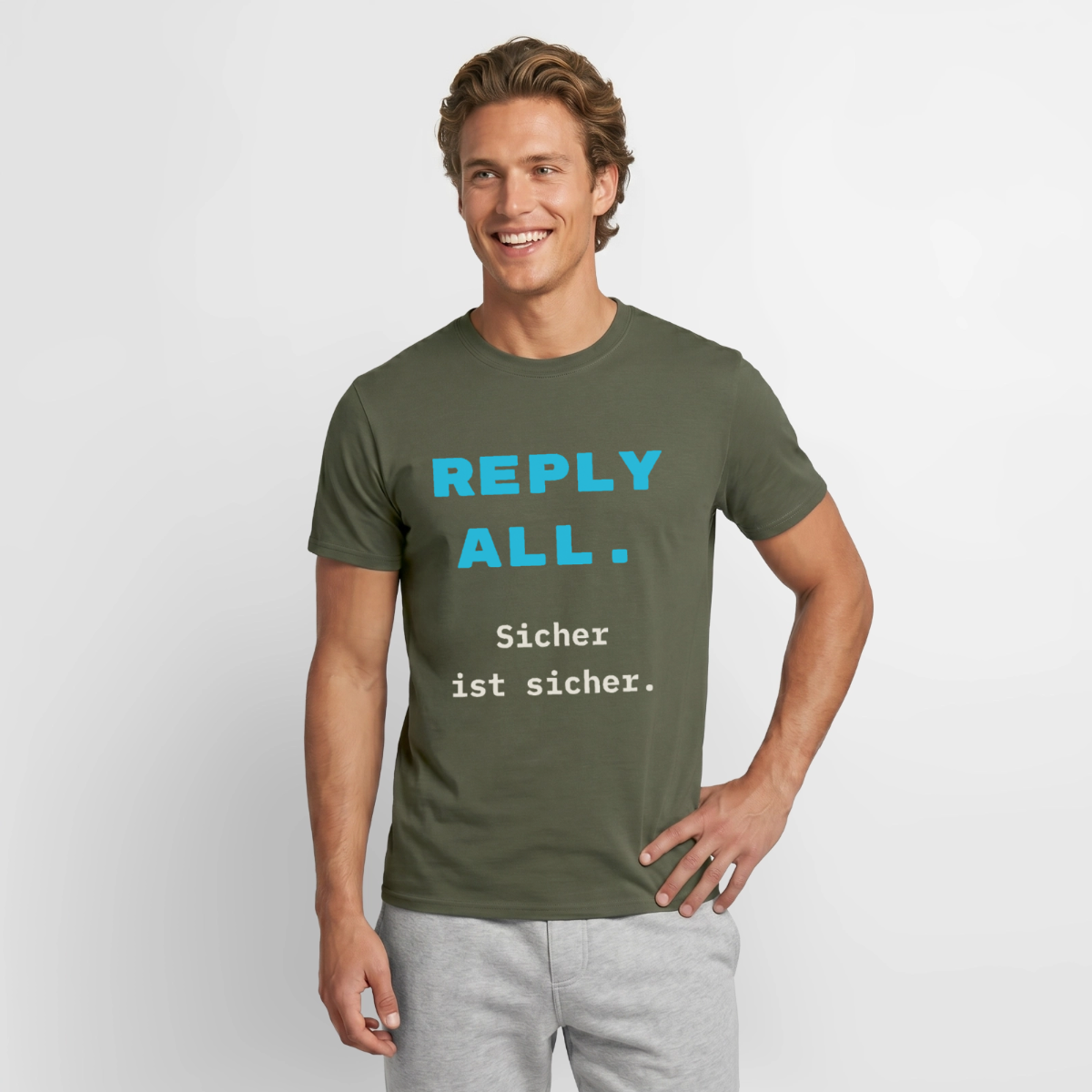 "Reply all. Sicher ist sicher." Motiv-T-Shirt für Männer, Farbe Militärgrün