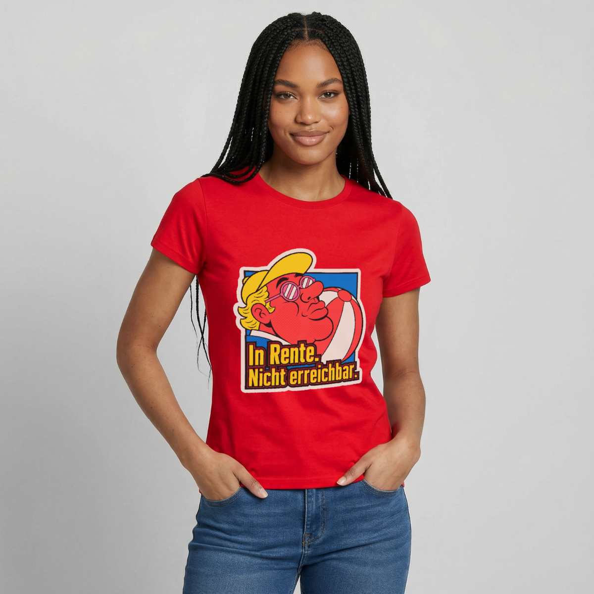 "In Rente. Nicht erreichbar. Popart-Motiv" Motiv-T-Shirt für Frauen, Farbe Rot