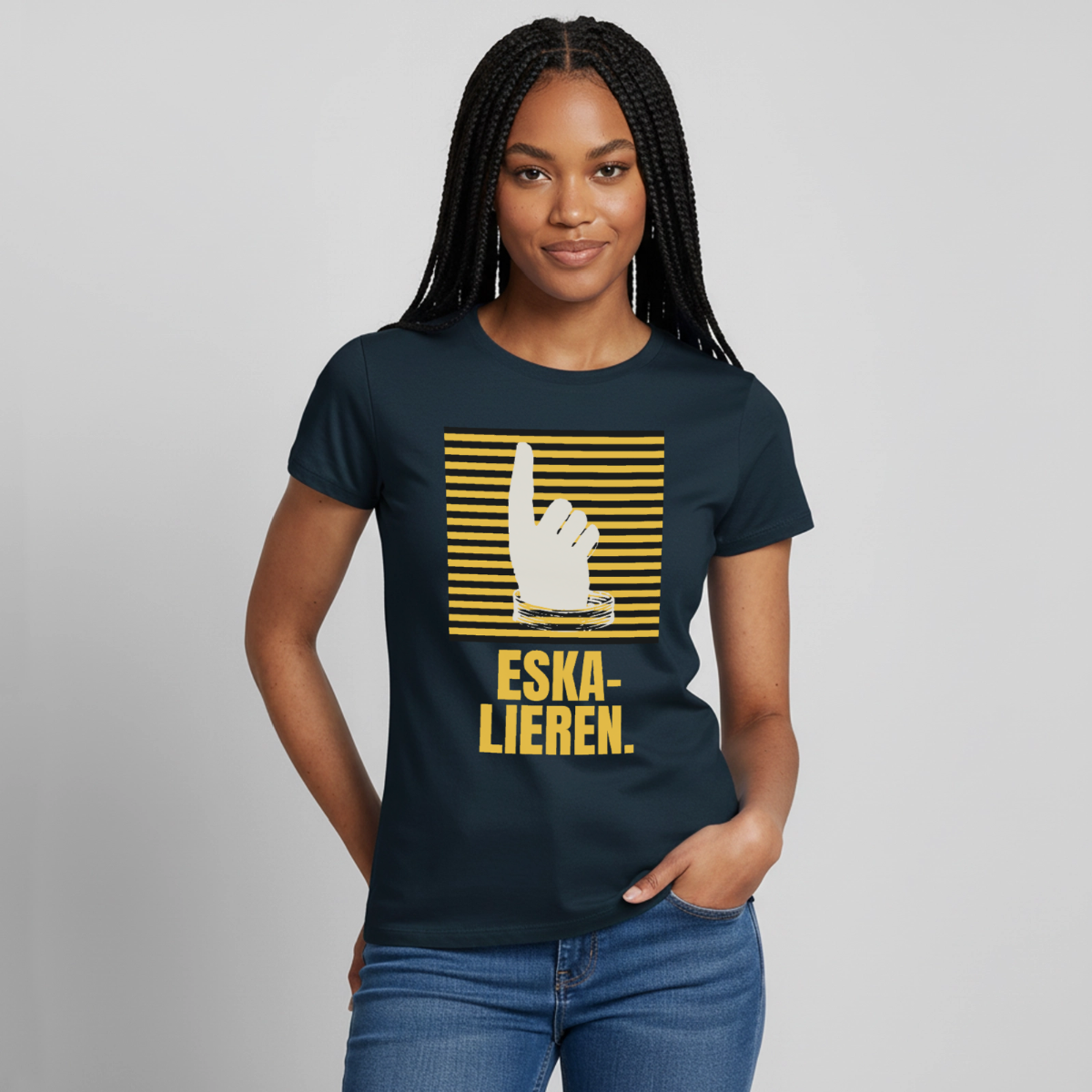 "Eskalieren." Motiv-T-Shirt für Frauen, Farbe Navy
