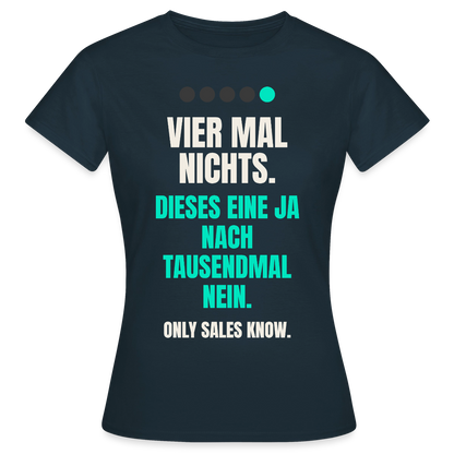Vier Mal nichts. Dieses eine Ja nach tausendmal Nein. Motiv-T-Shirt für Frauen, Farbe Navy