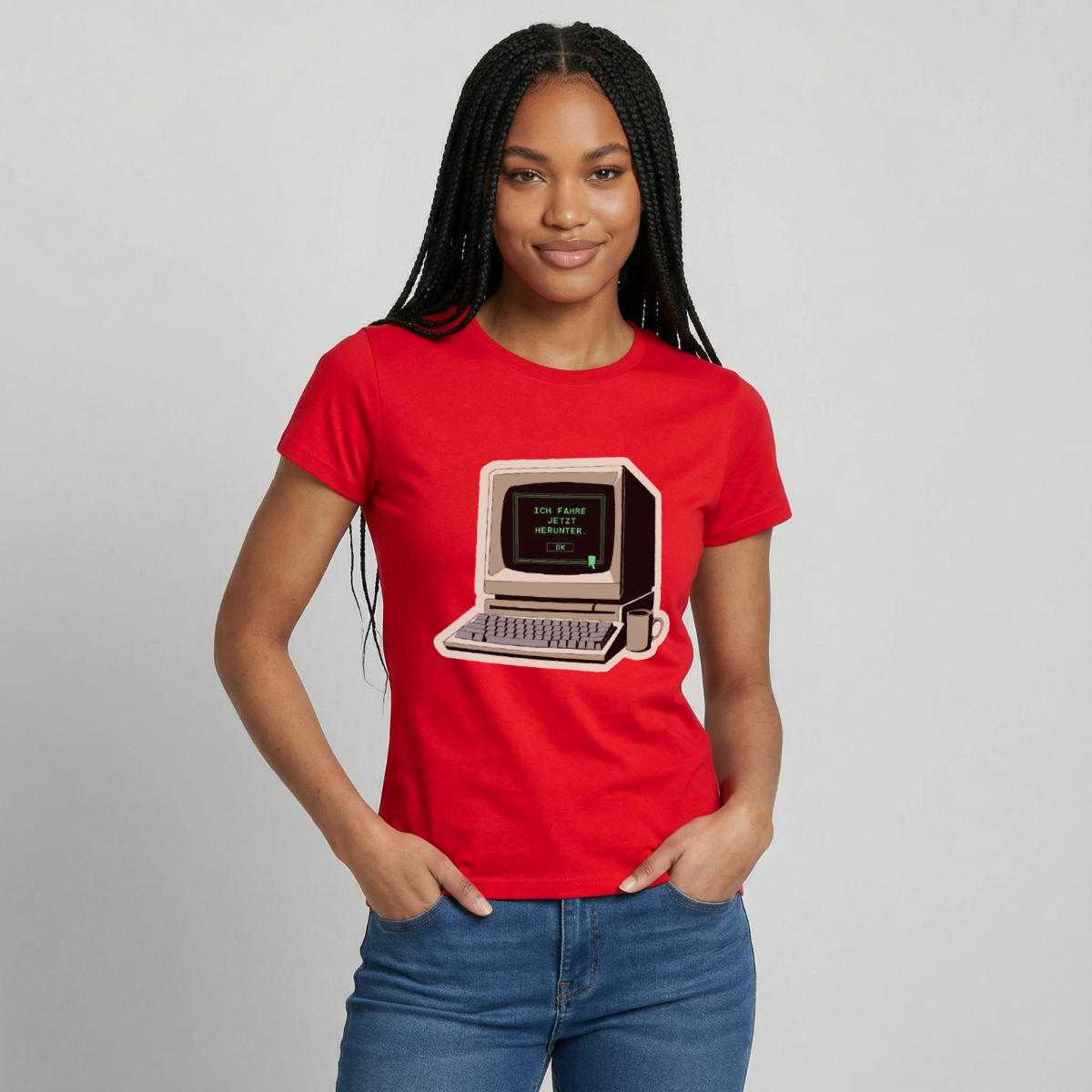 Ich fahre jetzt herunter. Motiv-T-Shirt für Frauen, Farbe Rot, Model