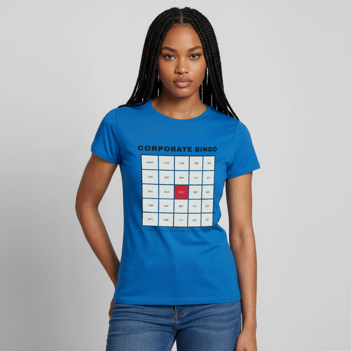Corporate Bingo. Fünf in einer Reihe. Motiv-T-Shirt für Frauen, Farbe Royalblau, Model