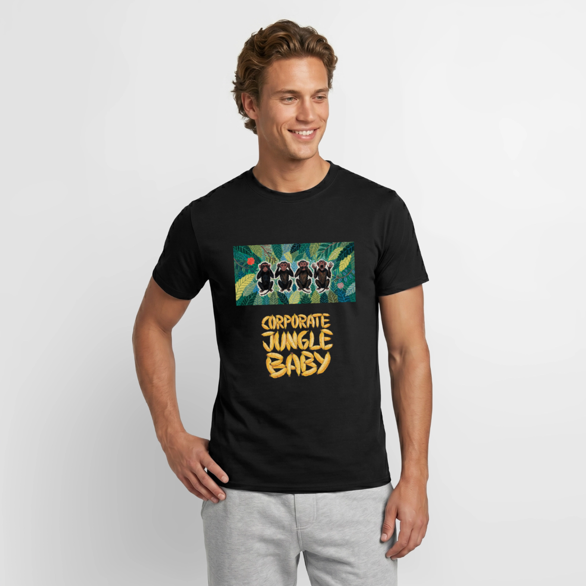 Corporate Jungle, Baby! Motiv-T-Shirt für Männer, Farbe Schwarz, Model
