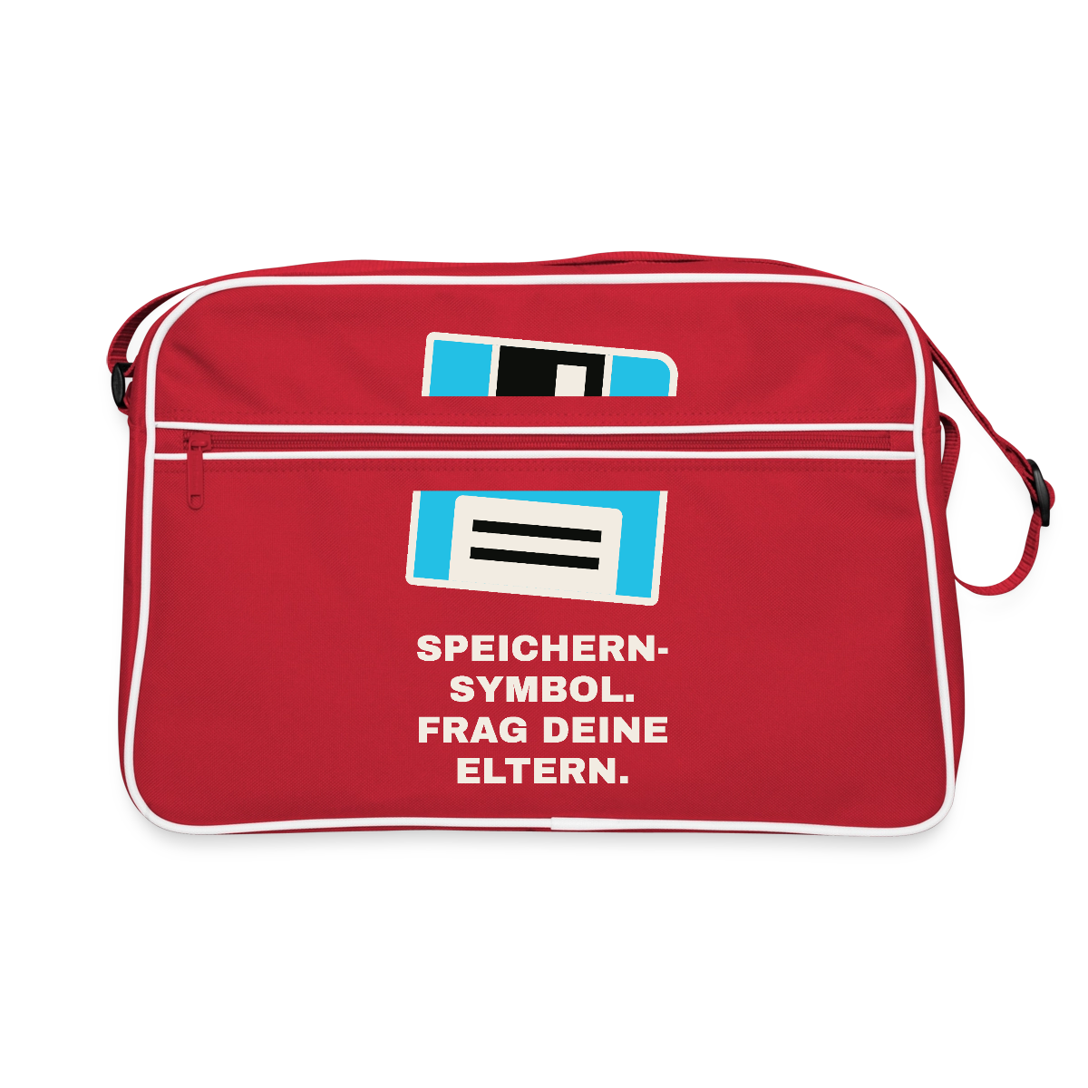"Speichern-Symbol. Frag deine Eltern." Motiv-Retro-Tasche, Farbe Rot/Weiß