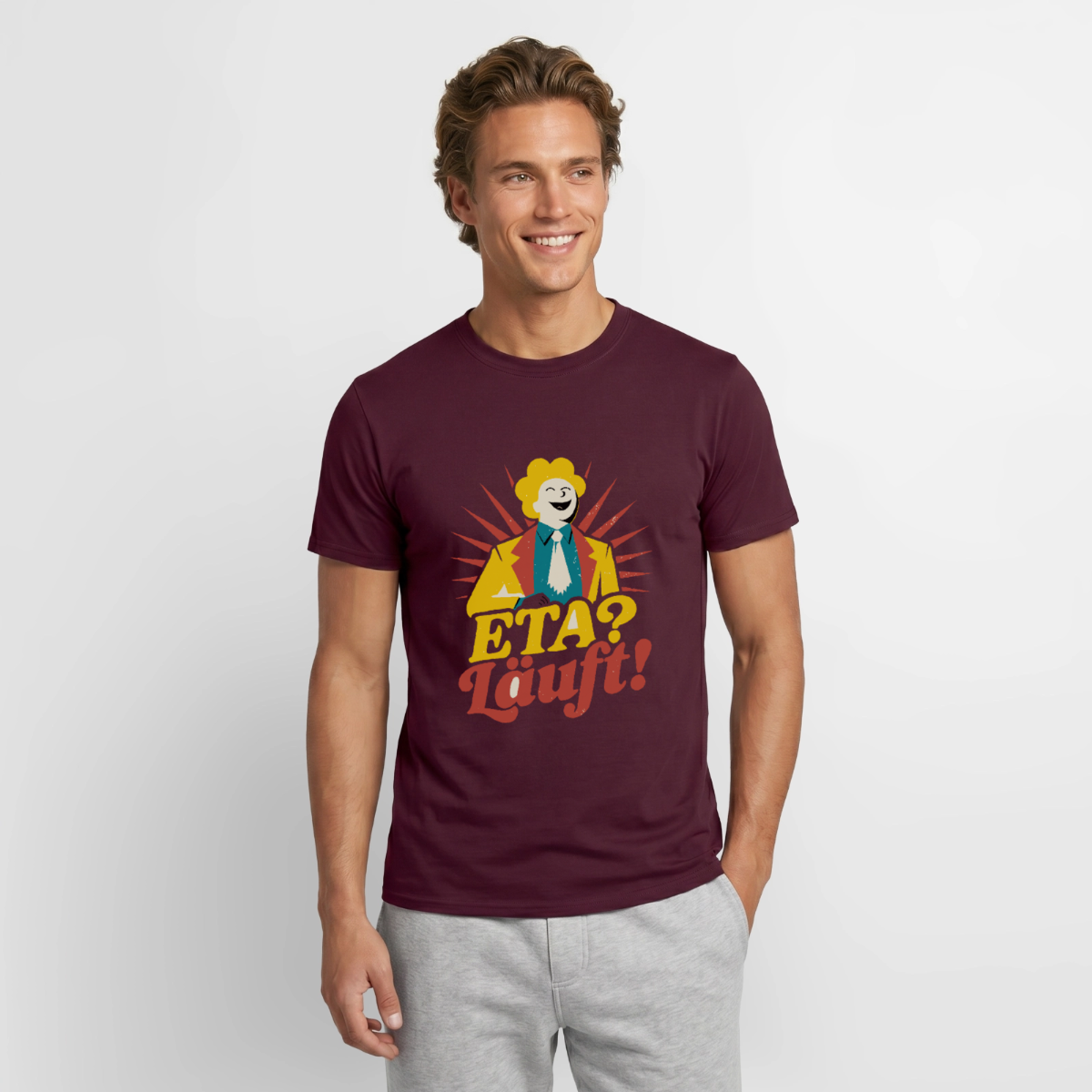 "ETA? Läuft! Midcentury-Motiv" Motiv-T-Shirt für Männer, Farbe Ziegelrot