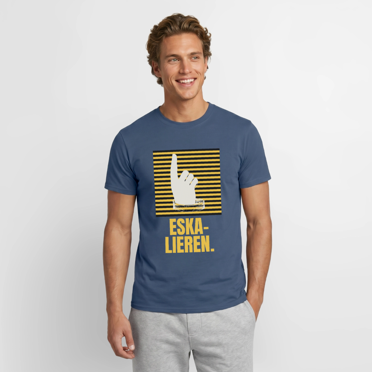 "Eskalieren." Motiv-T-Shirt für Männer, Farbe Dunkles Denimblau