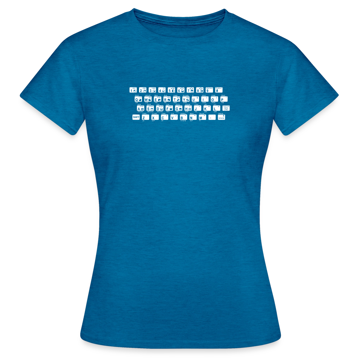 48K ZX Spectrum Motiv-T-Shirt für Frauen, Farbe Antikblaues Saphir meliert