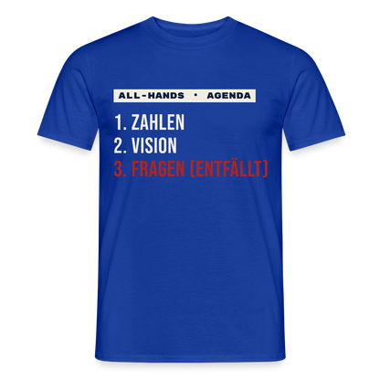 All-Hands-Agenda: 1 Zahlen, 2 Vision, 3 Fragen (entfällt) Motiv-T-Shirt für Männer, Farbe Dunkelblau