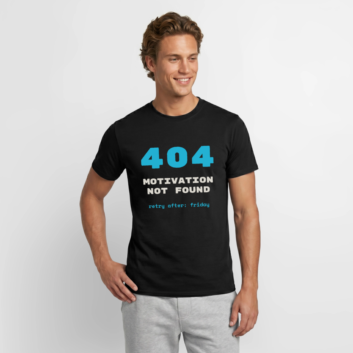 "404 Motivation not found. Retry after: friday" Motiv-T-Shirt für Männer, Farbe Schwarz, Model