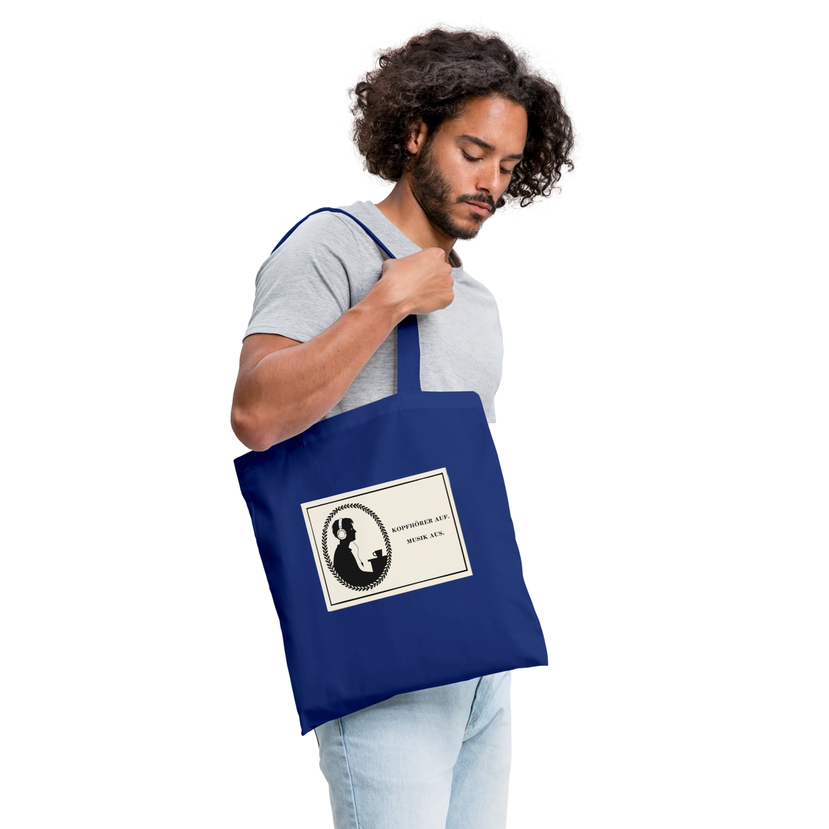 Kopfhörer auf. Musik aus. Stoffbeutel, Farbe Royalblau, Model