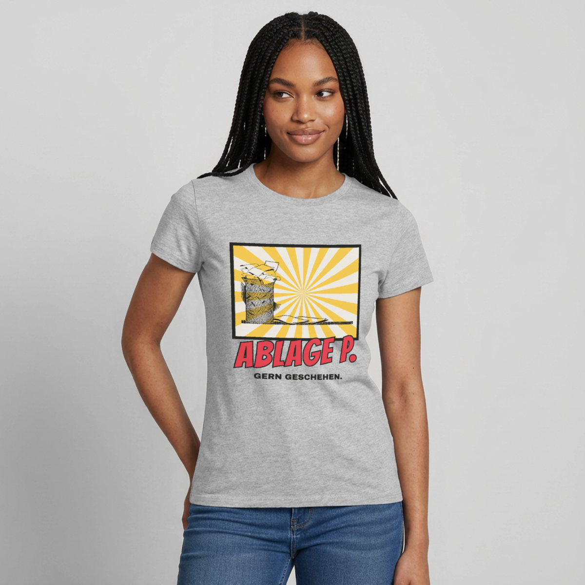 "Ablage P. Gern geschehen. Comic-Motiv" Motiv-T-Shirt für Frauen, Farbe Grau meliert