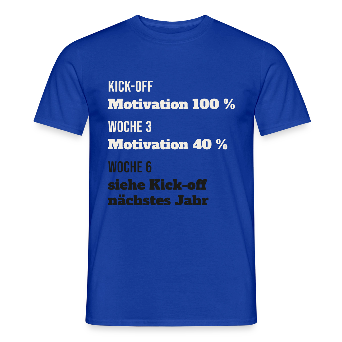 "Kick-off: Motivation 100 %. Woche 3: 40 %. Woche 6: siehe Kick-off nächstes Jahr" Motiv-T-Shirt für Männer, Farbe Dunkelblau