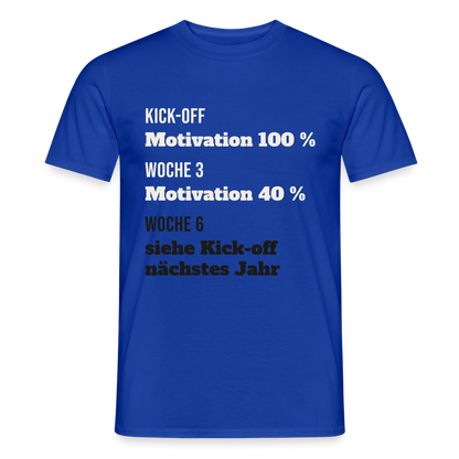 "Kick-off: Motivation 100 %. Woche 3: 40 %. Woche 6: siehe Kick-off nächstes Jahr" Motiv-T-Shirt für Männer, Farbe Dunkelblau