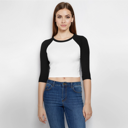 Frauen Cropped Baseball T-Shirt 3/4 Arm - personalisierbare Vorder- und Rückseite - Weiß/Schwarz