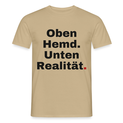 Oben Hemd, unten Realität Motiv-T-Shirt für Männer, Farbe Sandbeige