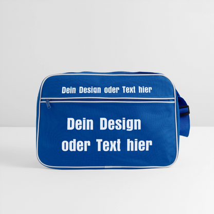 Retro Tasche mit Reißverschluss - personalisierbar - Blau/Weiß