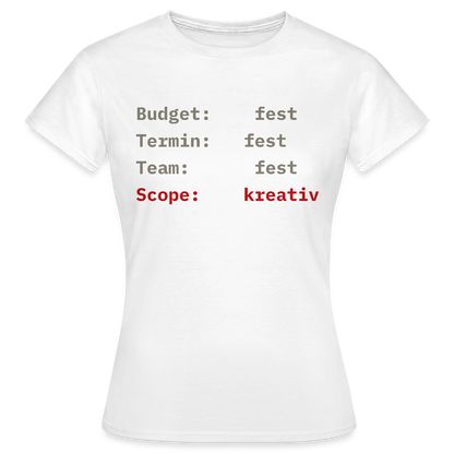 Budget: fest. Termin: fest. Team: fest. Scope: kreativ. Motiv-T-Shirt für Frauen, Farbe Weiß
