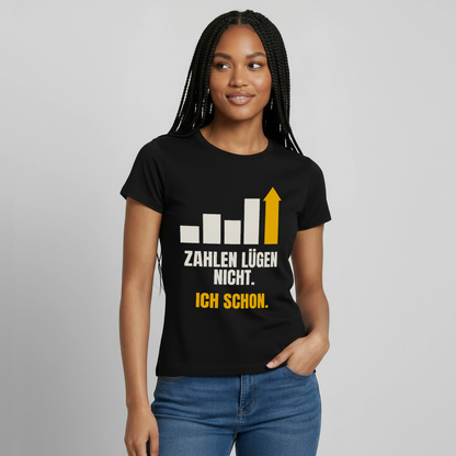 "Zahlen lügen nicht. Ich schon." Motiv-T-Shirt für Frauen, Farbe Schwarz, Model