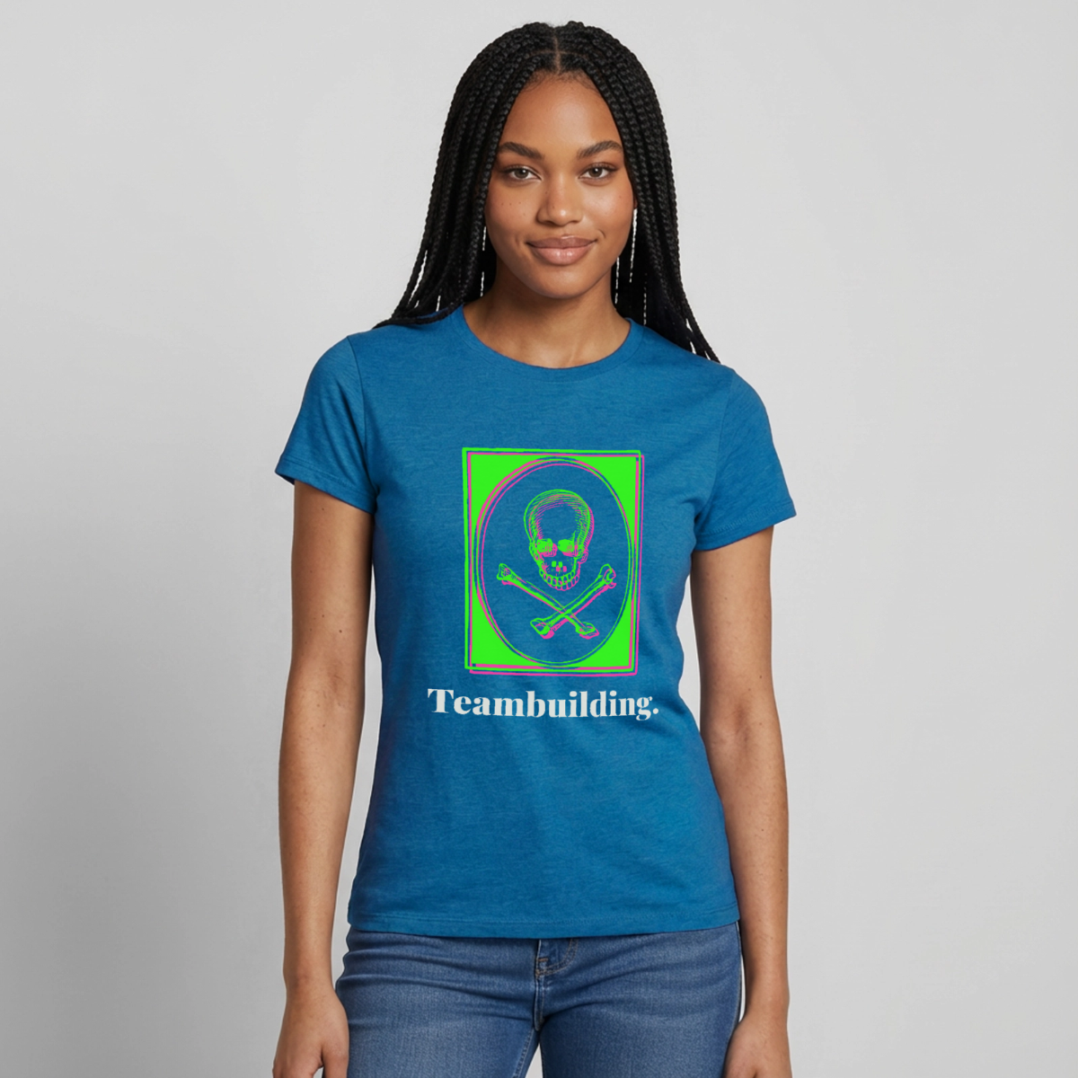 "Teambuilding. Neon-Motiv" Motiv-T-Shirt für Frauen, Farbe Antikblaues Saphir meliert