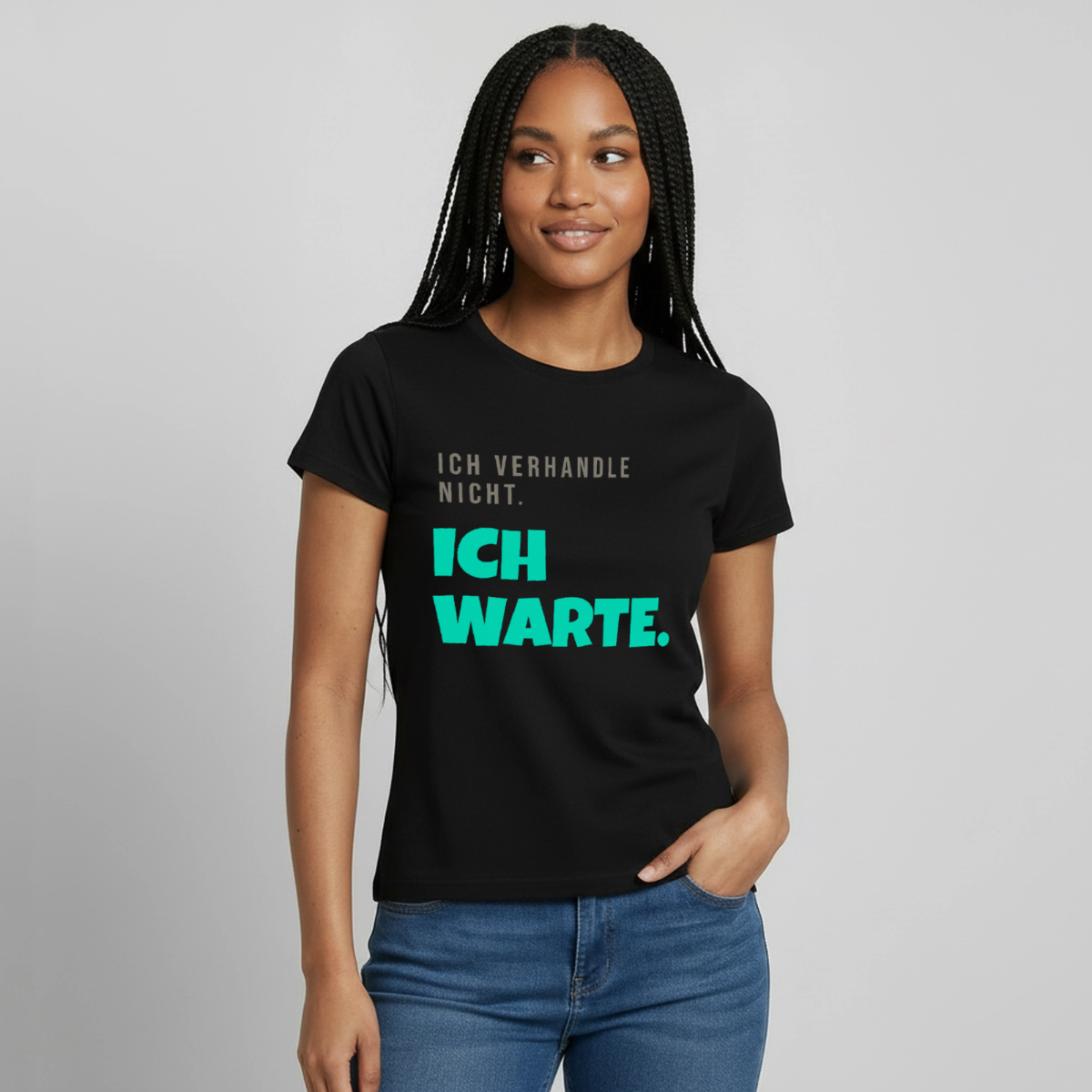 "Ich verhandle nicht. Ich warte." Motiv-T-Shirt für Frauen, Farbe Schwarz, Model