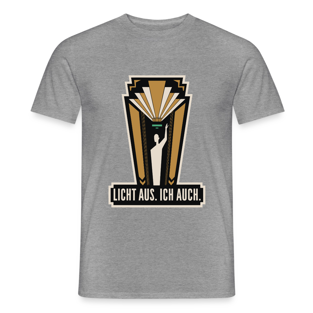 "Licht aus. Ich auch. Art-déco-Motiv" Motiv-T-Shirt für Männer, Farbe Graphit meliert