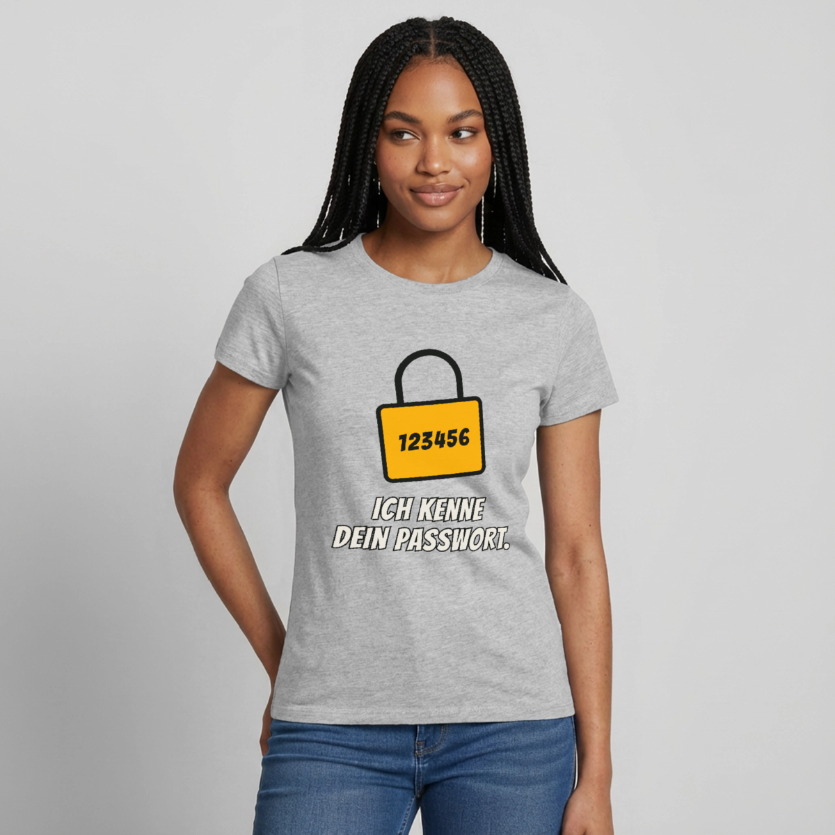 Ich kenne dein Passwort. Motiv-T-Shirt für Frauen, Farbe Grau meliert, Model