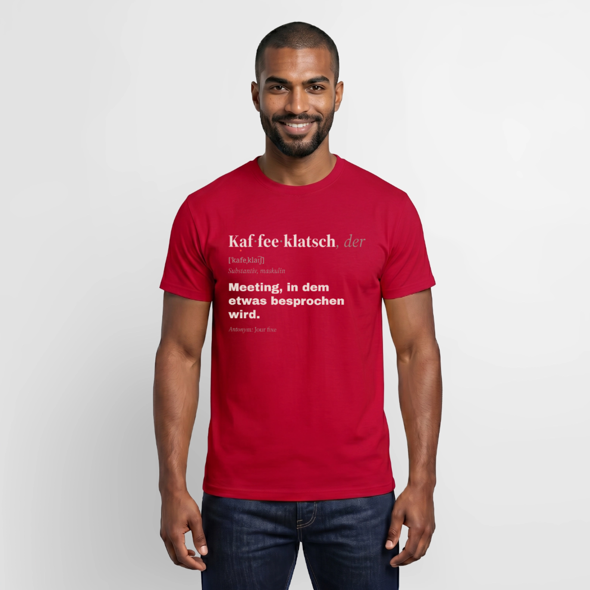 "Kaffeeklatsch, der: Meeting, in dem etwas besprochen wird." Motiv-T-Shirt für Männer, Farbe Rot