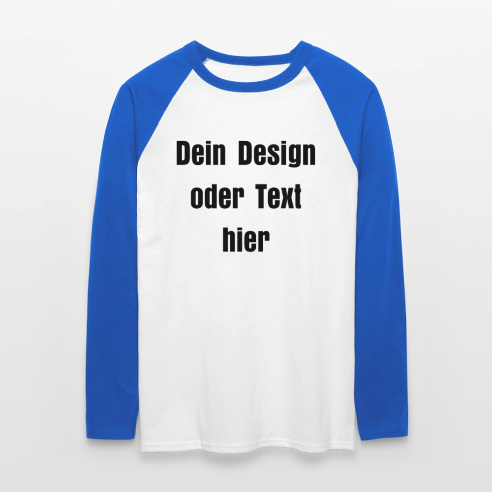 Männer Baseballshirt langarm - personalisierbare Vorder- und Rückseite - Weiß/Royalblau