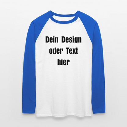 Männer Baseballshirt langarm - personalisierbare Vorder- und Rückseite - Weiß/Royalblau