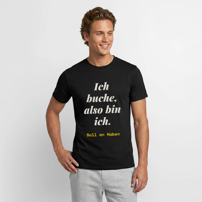 "Ich buche, also bin ich." Motiv-T-Shirt für Männer, Farbe Schwarz, Model