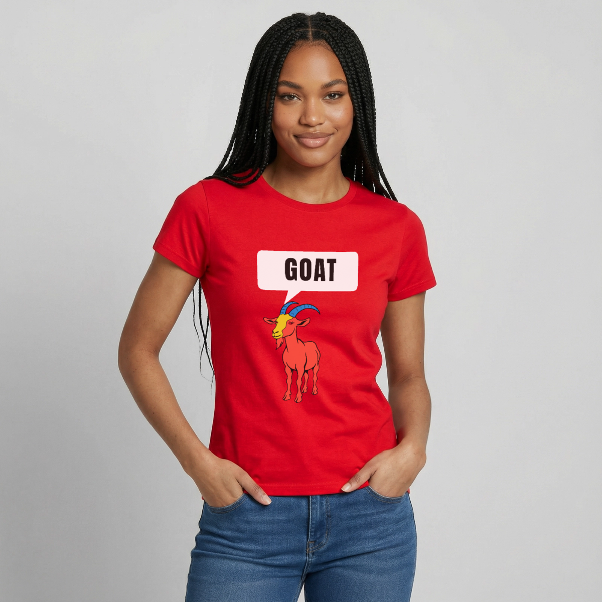 GOAT. Schild-Motiv Motiv-T-Shirt für Frauen, Farbe Rot, Model