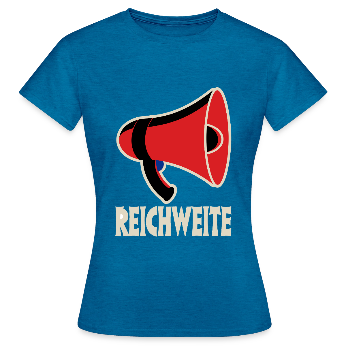 Reichweite. Sachplakat-Motiv Motiv-T-Shirt für Frauen, Farbe Antikblaues Saphir meliert