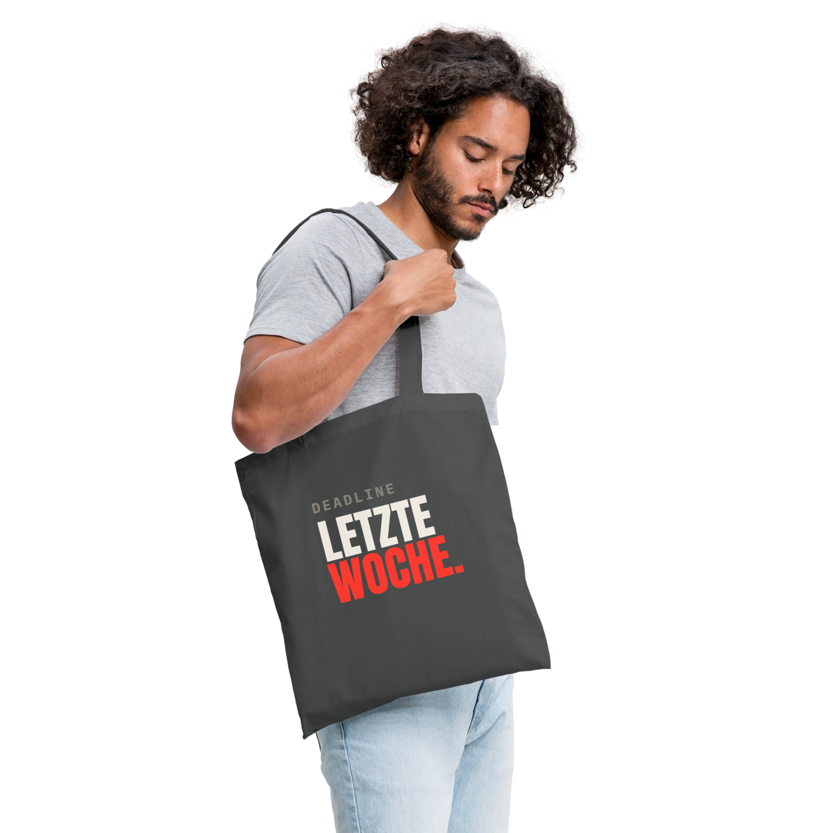 "Deadline: letzte Woche." Stoffbeutel, Farbe Graphite