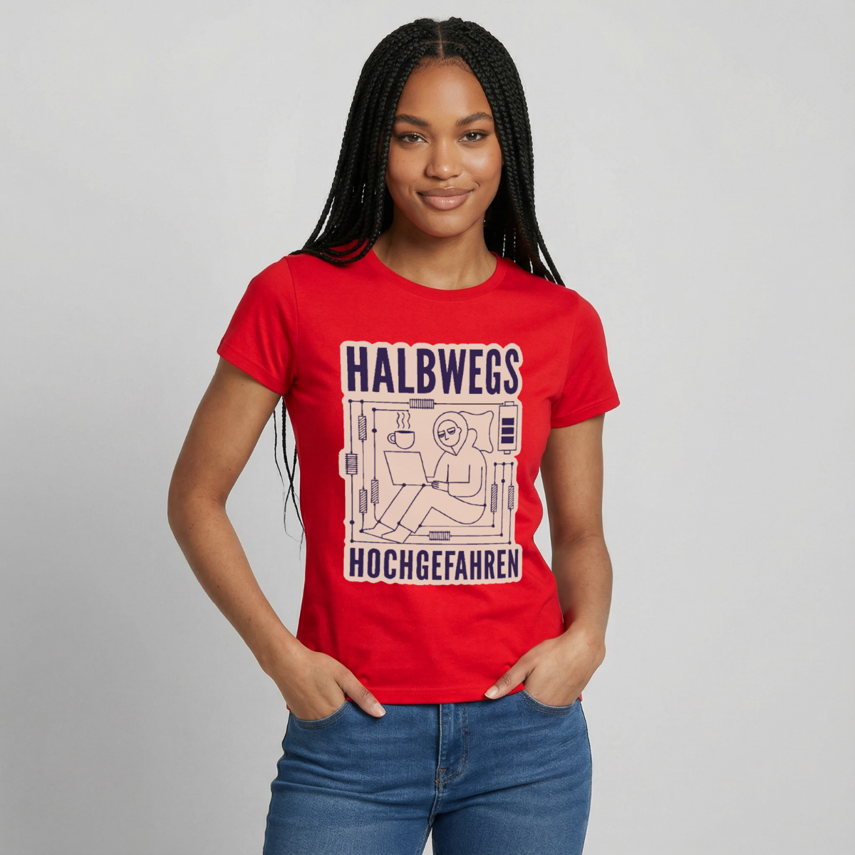 Halbwegs hochgefahren. Motiv-T-Shirt für Frauen, Farbe Rot, Model