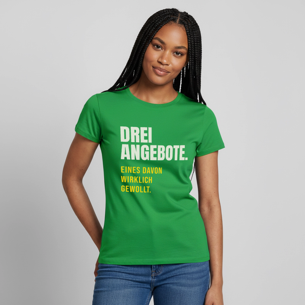 "Drei Angebote. Eines davon wirklich gewollt." Motiv-T-Shirt für Frauen, Farbe Kelly Green