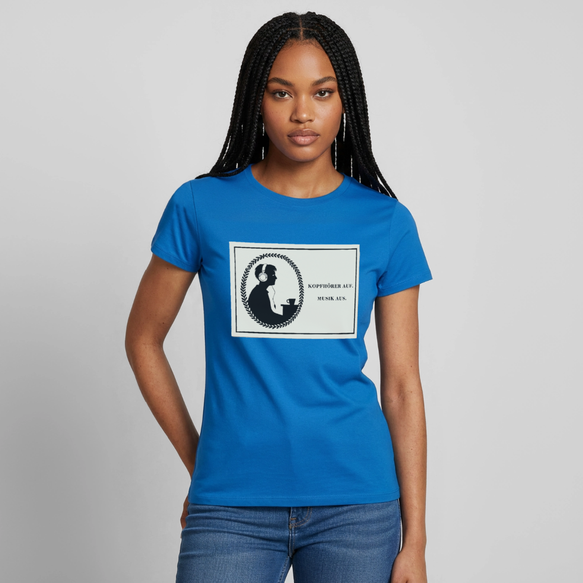 Kopfhörer auf. Musik aus. Motiv-T-Shirt für Frauen, Farbe Royalblau, Model