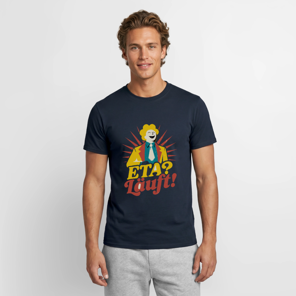"ETA? Läuft! Midcentury-Motiv" Motiv-T-Shirt für Männer, Farbe Navy