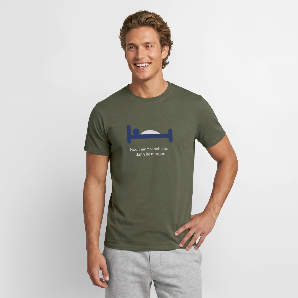 Noch einmal schlafen, dann ist morgen. Motiv-T-Shirt für Männer, Farbe Militärgrün, Model