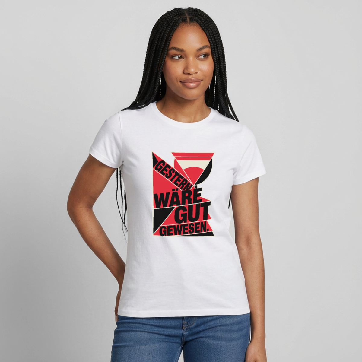 "Gestern wäre gut gewesen. Konstruktivismus-Motiv" Motiv-T-Shirt für Frauen, Farbe Weiß