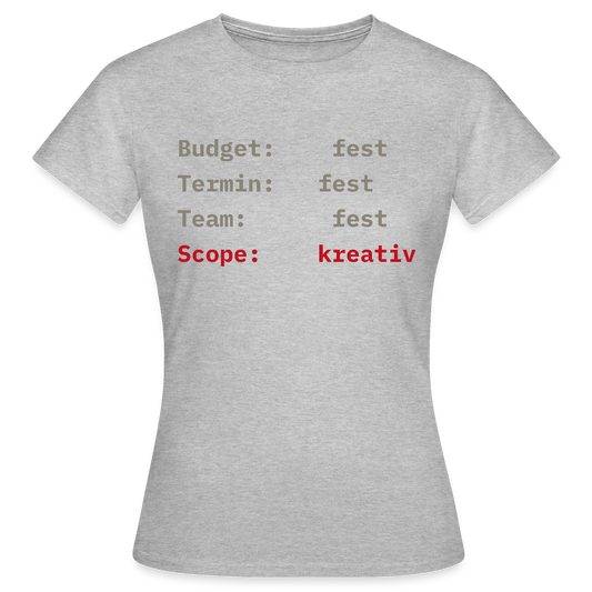 Budget: fest. Termin: fest. Team: fest. Scope: kreativ. Motiv-T-Shirt für Frauen, Farbe Grau meliert