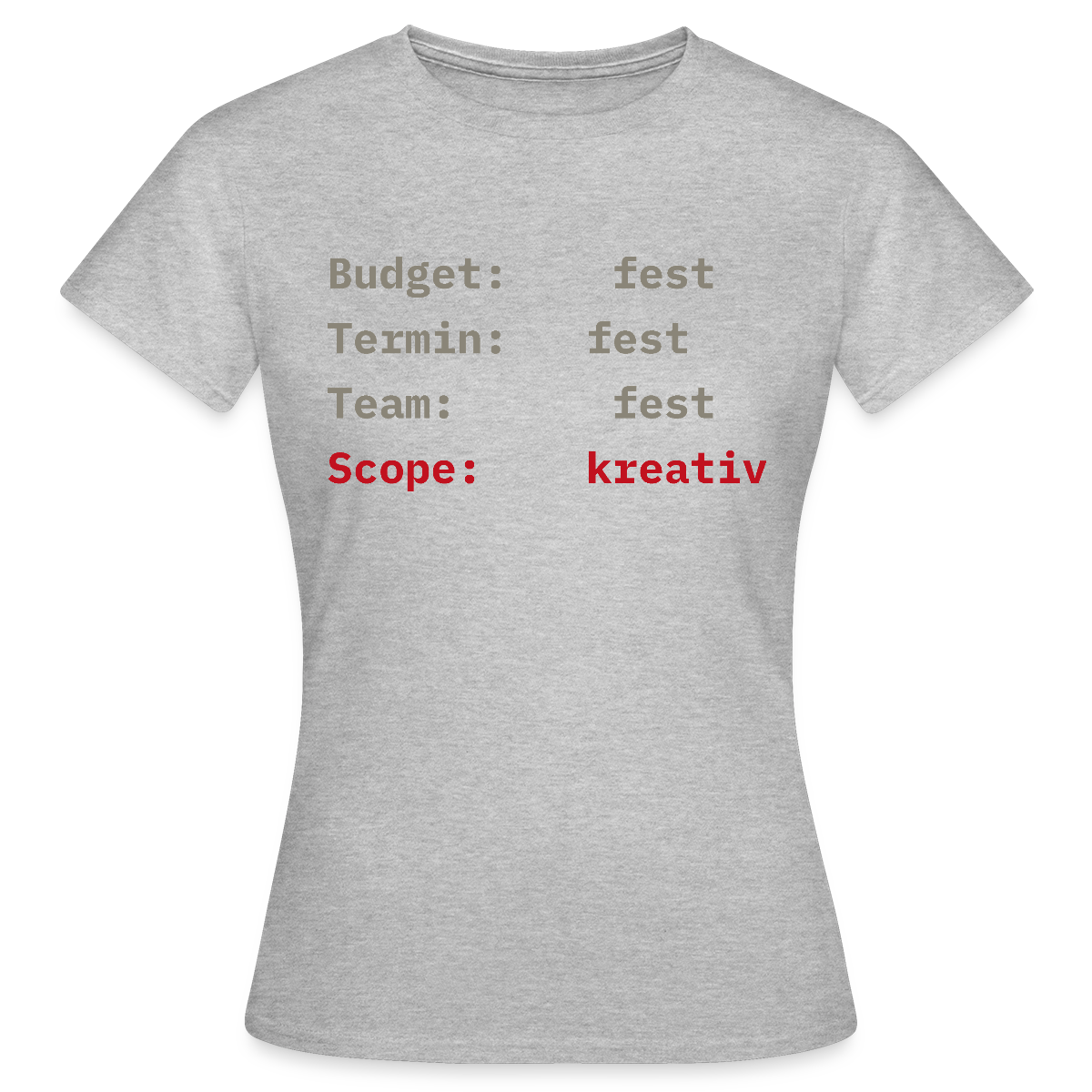 Budget: fest. Termin: fest. Team: fest. Scope: kreativ. Motiv-T-Shirt für Frauen, Farbe Grau meliert