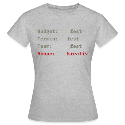 Budget: fest. Termin: fest. Team: fest. Scope: kreativ. Motiv-T-Shirt für Frauen, Farbe Grau meliert