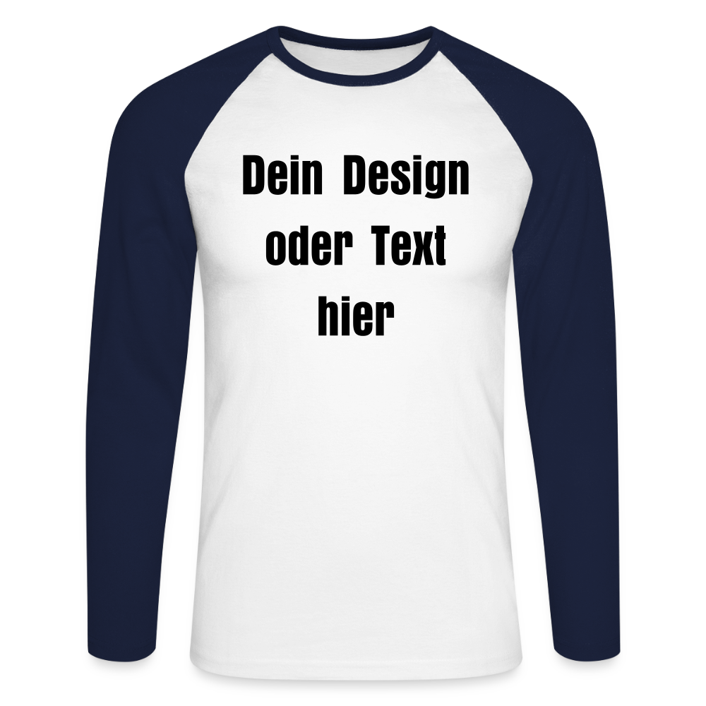 Männer Baseballshirt langarm - personalisierbare Vorder- und Rückseite - Weiß/Navy