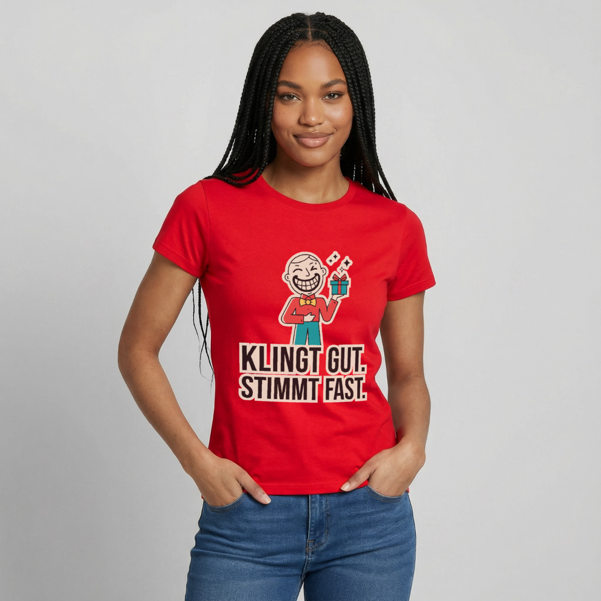 Klingt gut. Stimmt fast. Motiv-T-Shirt für Frauen, Farbe Rot, Model
