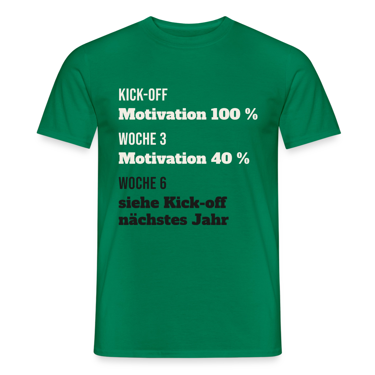 "Kick-off: Motivation 100 %. Woche 3: 40 %. Woche 6: siehe Kick-off nächstes Jahr" Motiv-T-Shirt für Männer, Farbe Kelly Green