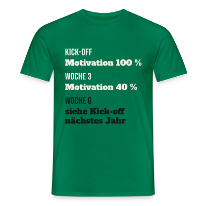 "Kick-off: Motivation 100 %. Woche 3: 40 %. Woche 6: siehe Kick-off nächstes Jahr" Motiv-T-Shirt für Männer, Farbe Kelly Green